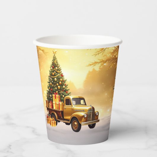 Weihnachtsbaum Weihnachtspapier Trucks Pappbecher (Vorderseite)