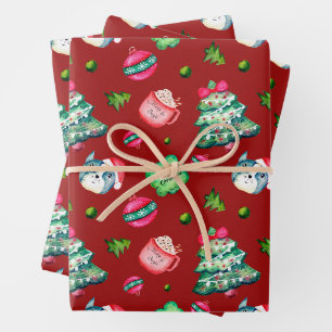 Weihnachtsbaum, Welpe, Ornamente, Heiße Schokolade Geschenkpapier Set