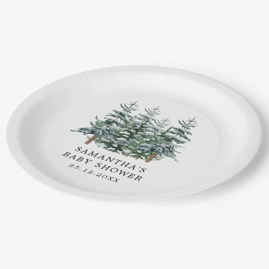 Weihnachtsbaum Winter Baby Dusche Aquarell Pappteller (Schrägansicht)