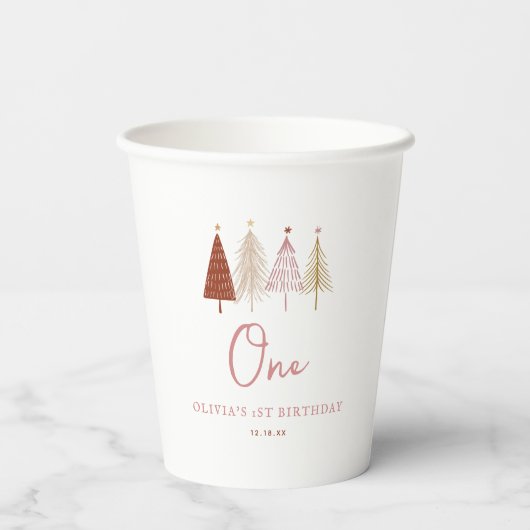 Weihnachtsbaum Winter Onederland Geburtstag Pappbecher (Rückseite)