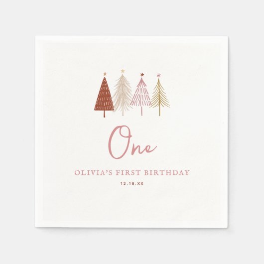 Weihnachtsbaum Winter Onederland Girl 1. Geburtsta Serviette (Vorderseite)