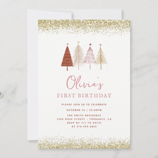 Weihnachtsbaum Winter Wonderland Girl 1. Geburtsta Einladung (Vorderseite)