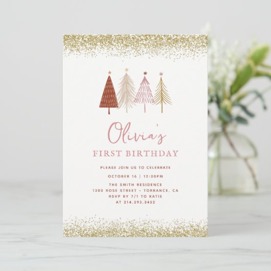 Weihnachtsbaum Winter Wonderland Girl 1. Geburtsta Einladung (Stehend Vorderseite)