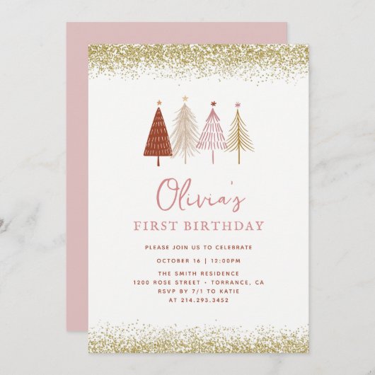 Weihnachtsbaum Winter Wonderland Girl 1. Geburtsta Einladung (Vorne/Hinten)