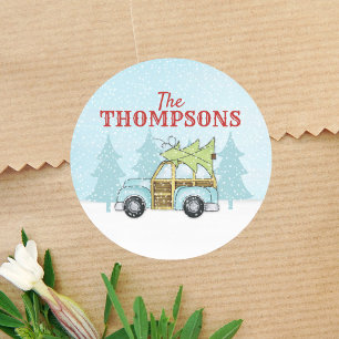 Weihnachtsbaum-Winterlandschaft Vintage-Auto Cute  Runder Aufkleber