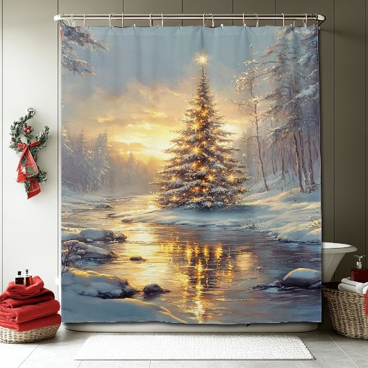 Weihnachtsbaum Winterwald Fluss Duschvorhang