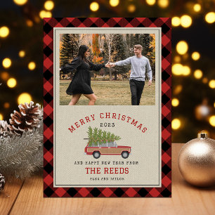 Weihnachtsbaum Wood Wagon SUV Foto Kariert Tweed Feiertagskarte