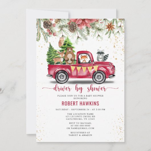 Weihnachtsbaum Woodland Animal Drive Kinderdusche Einladung (Vorderseite)