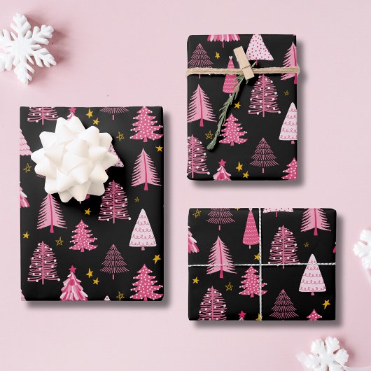 Weihnachtsbaum Woodland Pink Black Geschenkpapier Set