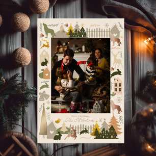 Weihnachtsbaum Woodland Tiere & gemütliches Dorf Folien Feiertagskarte