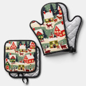 Weihnachtsbaum Xmas Dorf Schnee Pic Ofenhandschuh & Topflappen-Set (Vorderseite/Rückseite)