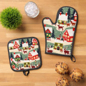 Weihnachtsbaum Xmas Dorf Schnee Pic Ofenhandschuh & Topflappen-Set (Oben Unten)