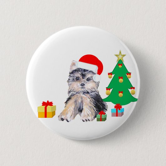 Weihnachtsbaum, Yorkshire Welpenhund & Geschenke Button (Vorderseite)