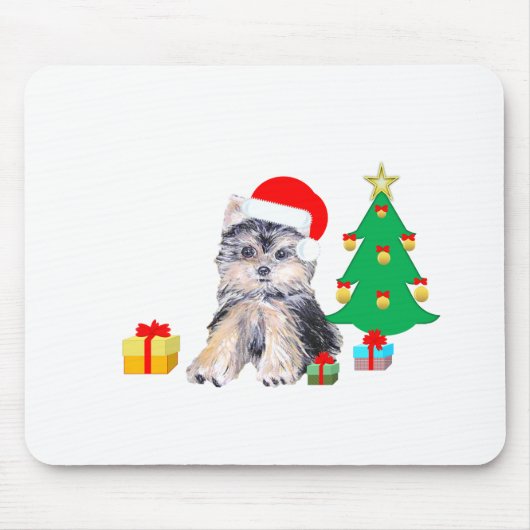 Weihnachtsbaum, Yorkshire Welpenhund & Geschenke Mousepad (Vorne)