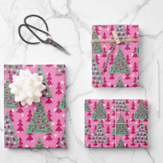 Weihnachtsbäume auf heiß rosa geschenkpapier set (Vorderseite)