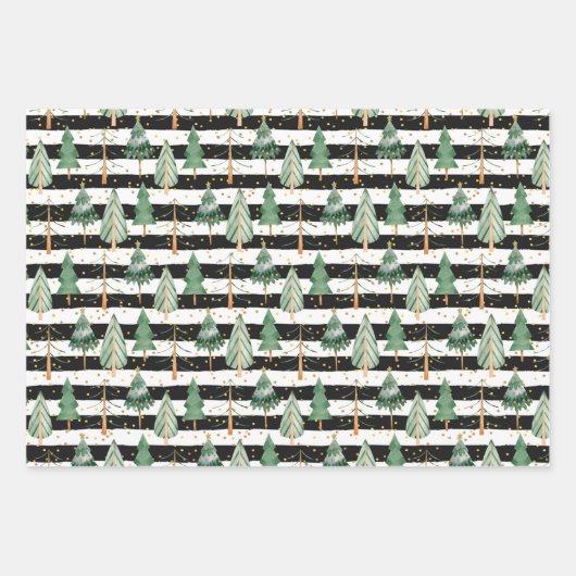 Weihnachtsbäume auf Schwarz-weißen Streifen Punkte Geschenkpapier Set (Vorderseite 2)