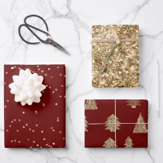 Weihnachtsbäume aus Gold Glitzer - Papierblätter Geschenkpapier Set (Vorderseite)