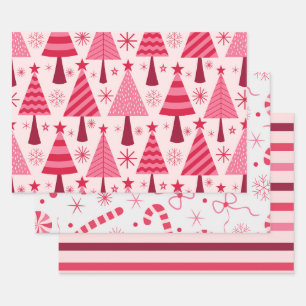 Weihnachtsbäume, Bonbons und Streifen in Rot und R Geschenkpapier Set