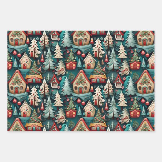 Weihnachtsbäume, Candyland-Häuser, Schneeflocken S Geschenkpapier Set (Vorderseite 2)