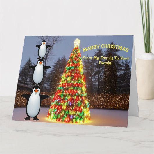Weihnachtsbäume & Familie der Pinguine Spaß machen Karte (Vorderseite)