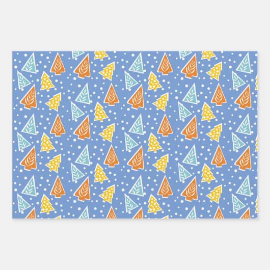 Weihnachtsbäume "Frohe Weihnachten" Schnee blau Geschenkpapier Set (Vorderseite)