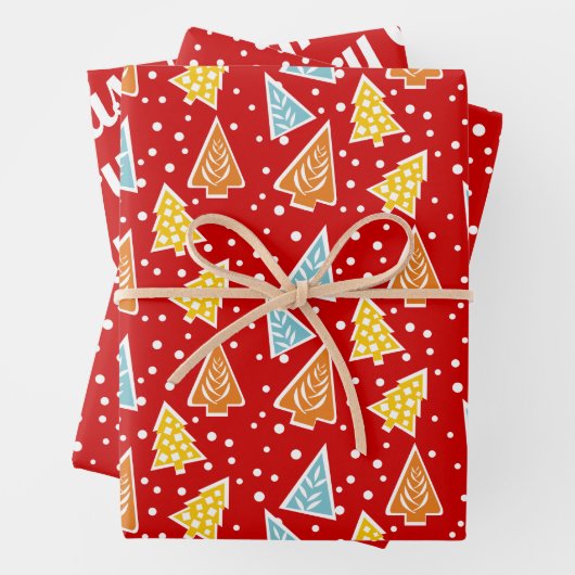 Weihnachtsbäume "Frohe Weihnachten" Schnee rot Geschenkpapier Set (Beispiel)