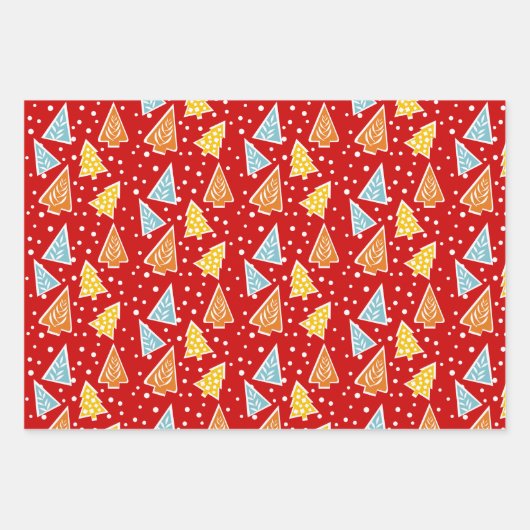 Weihnachtsbäume "Frohe Weihnachten" Schnee rot Geschenkpapier Set (Vorderseite)
