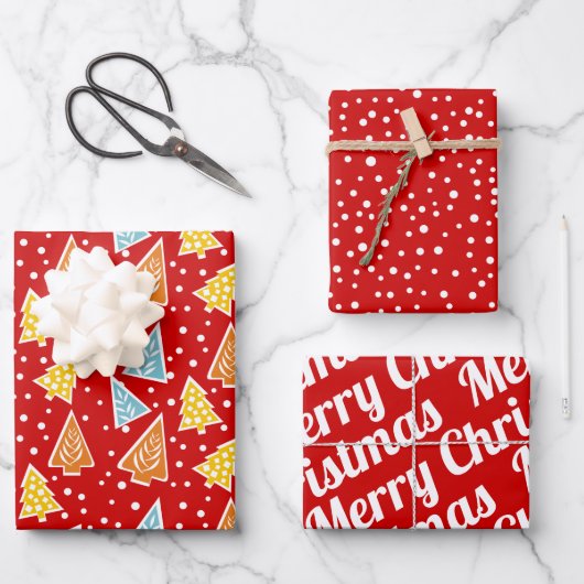Weihnachtsbäume "Frohe Weihnachten" Schnee rot Geschenkpapier Set (Vorderseite)