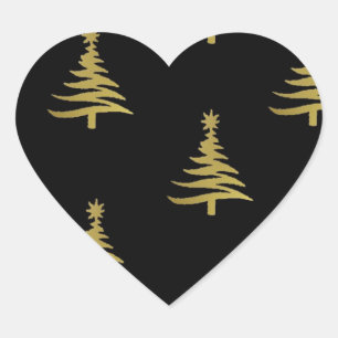 Weihnachtsbäume Gold auf Schwarz Herz-Aufkleber