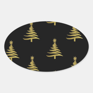 Weihnachtsbäume Gold auf Schwarz Ovaler Aufkleber