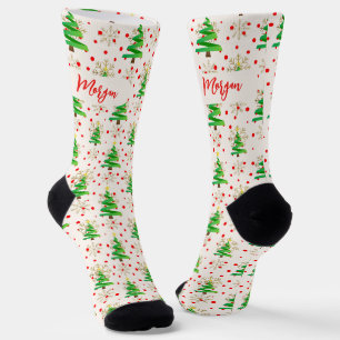 Weihnachtsbäume & goldene Schneeflocken, roter Sch Socken