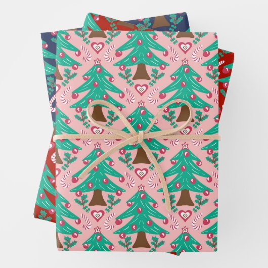 Weihnachtsbäume, Herz und cremefarbenes Rosa Geschenkpapier Set (Beispiel)