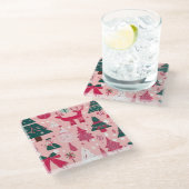 Weihnachtsbäume Hirsche Schneeflocken Rosa Kissen Glasuntersetzer (Schrägansicht)