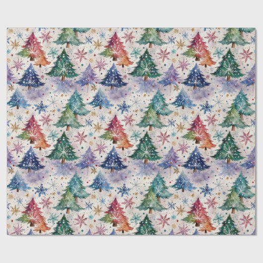Weihnachtsbäume im farbenfrohen Schnee Geschenkpapier (Flach)