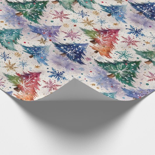 Weihnachtsbäume im farbenfrohen Schnee Geschenkpapier (Ecke)