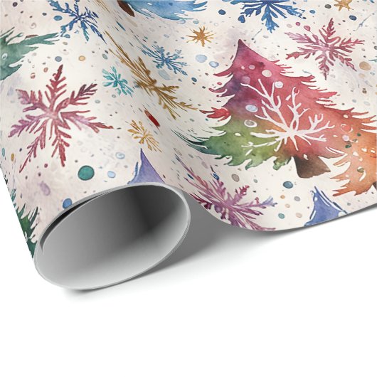 Weihnachtsbäume im farbenfrohen Schnee Geschenkpapier (Rolleneckpunkt)