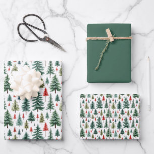 Weihnachtsbäume in Aquarellen auf Weiß Geschenkpapier Set