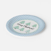 Weihnachtsbäume in Aquarellen mit blauem Kariertem Pappteller (Schrägansicht)