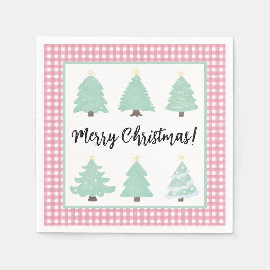 Weihnachtsbäume in Aquarellen mit rosa Karierten N Serviette (Vorderseite)