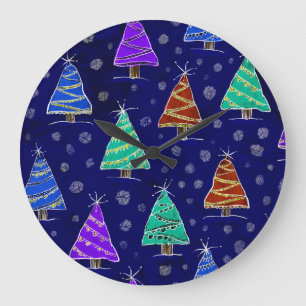 Weihnachtsbäume in Aquarellen: Waldmuster. Große Wanduhr