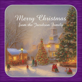 Weihnachtsbäume in malerischer Dorflandschaft Quadratischer Aufkleber