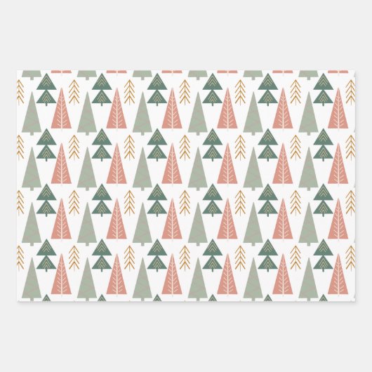 Weihnachtsbäume in Rosa, Grün und Orange Geschenkpapier Set (Vorderseite)