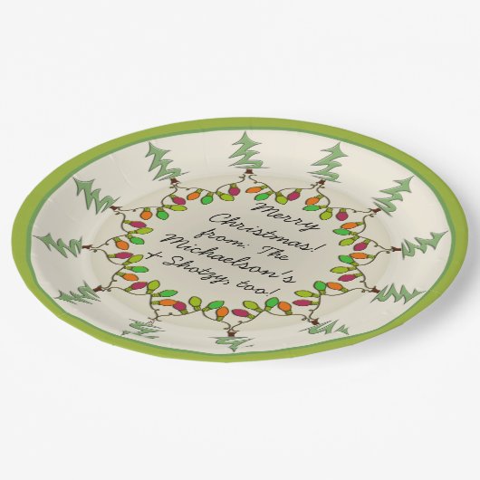 Weihnachtsbäume & Lichter (Personalisierte Geschen Pappteller (Schrägansicht)