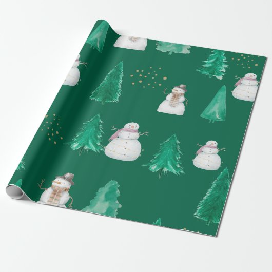 Weihnachtsbäume mit Schneemännern Geschenkpapier (Ungerollt)