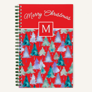 Weihnachtsbäume Muster Festlich Rotes Monogramm Notizblock