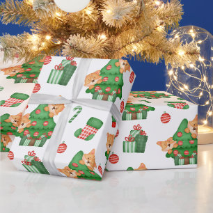 Weihnachtsbäume, Ornamente und Katzen  Geschenkpapier