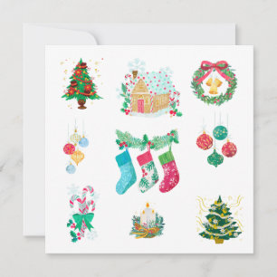 Weihnachtsbäume, Ornamente und Strümpfe Feiertagskarte