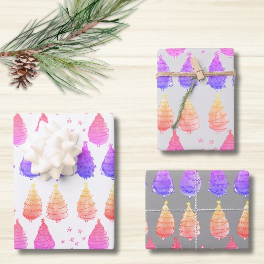 Weihnachtsbäume Pink Lila Geschenkpapier Set