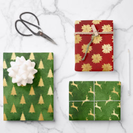 Weihnachtsbäume, Poinsettias und Rentiere Geschenkpapier Set