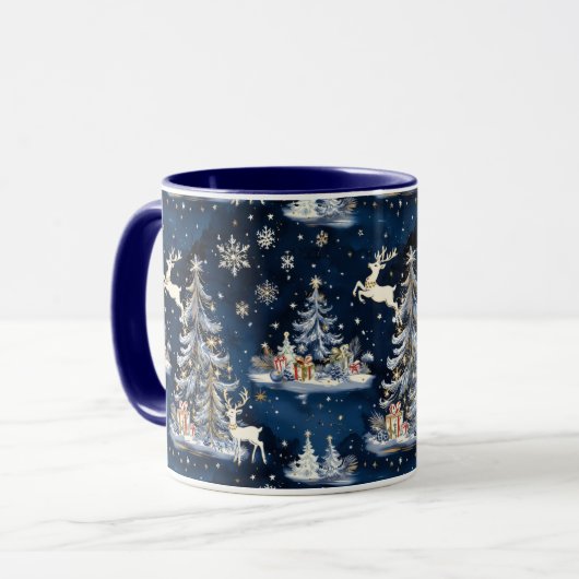 Weihnachtsbäume, Rentiere und Schneeflocken Tasse (Vorderseite Links)